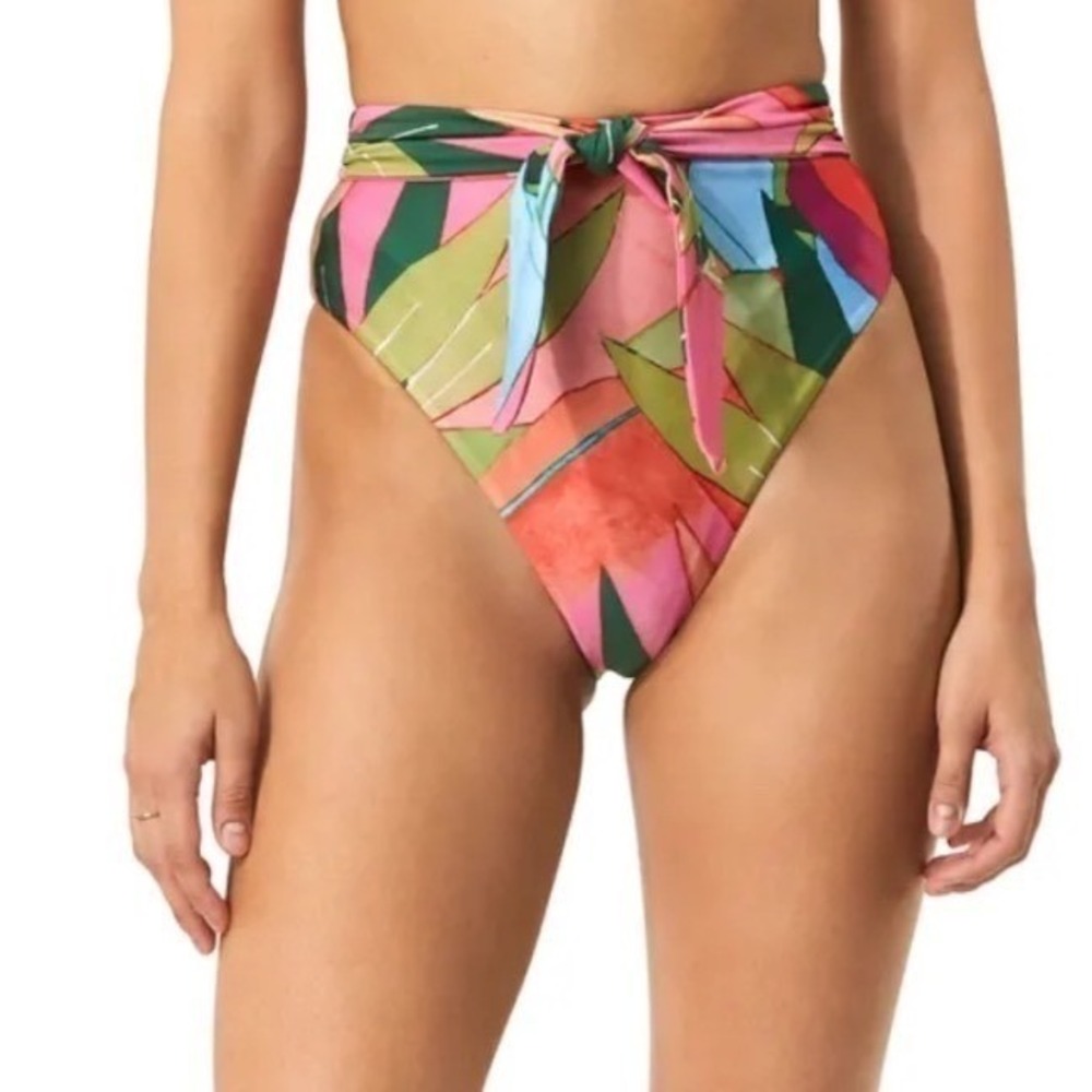 Mara Hoffman Goldie High Waisted Bikini Bottom Pink Multi Tropical Leaf XL NWT